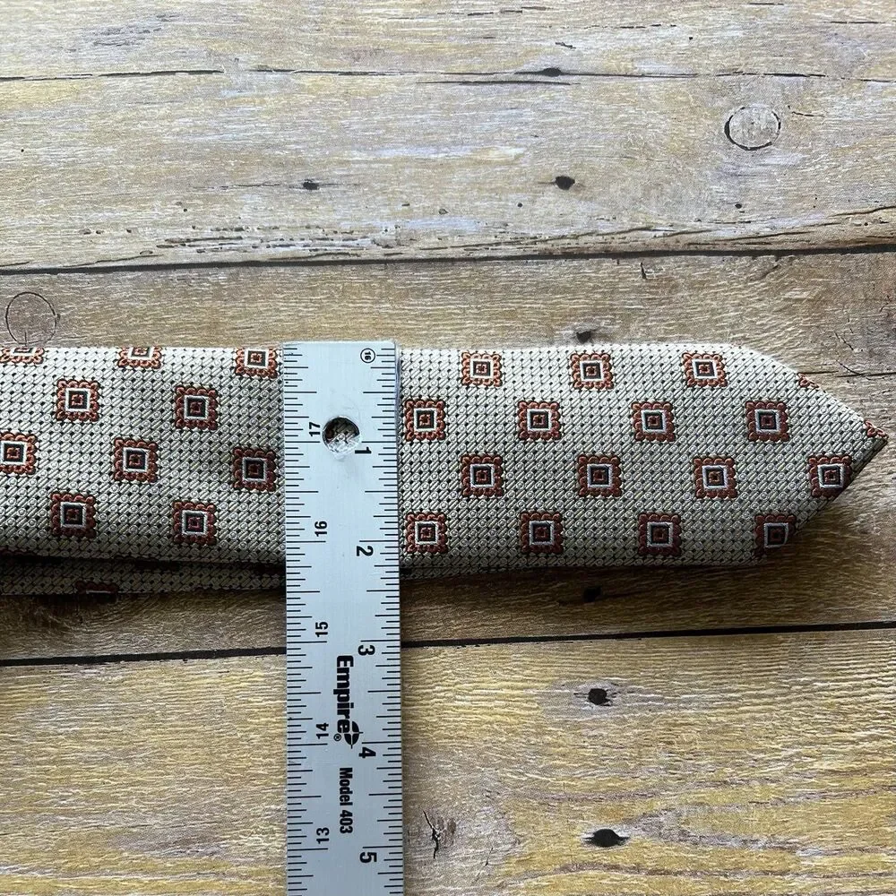 Adolfo Mens Necktie Brown‎ Tan Geometric Square Pattern Silk Blend Classic Tie